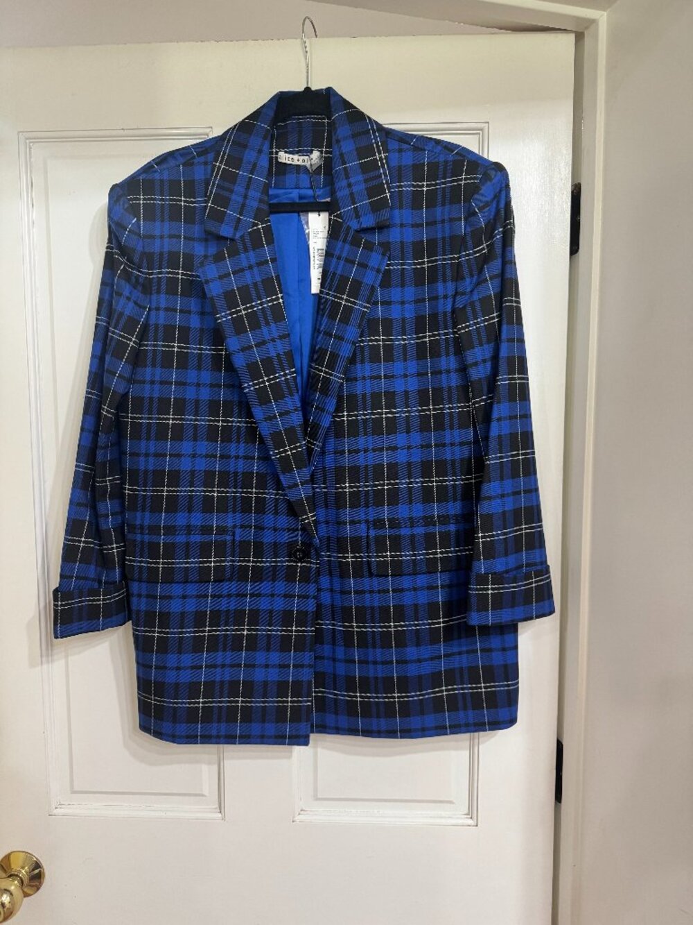 NEW with Tags $600 Alice + Olivia Jacket royal Blue/Black/White Plaid sz 6